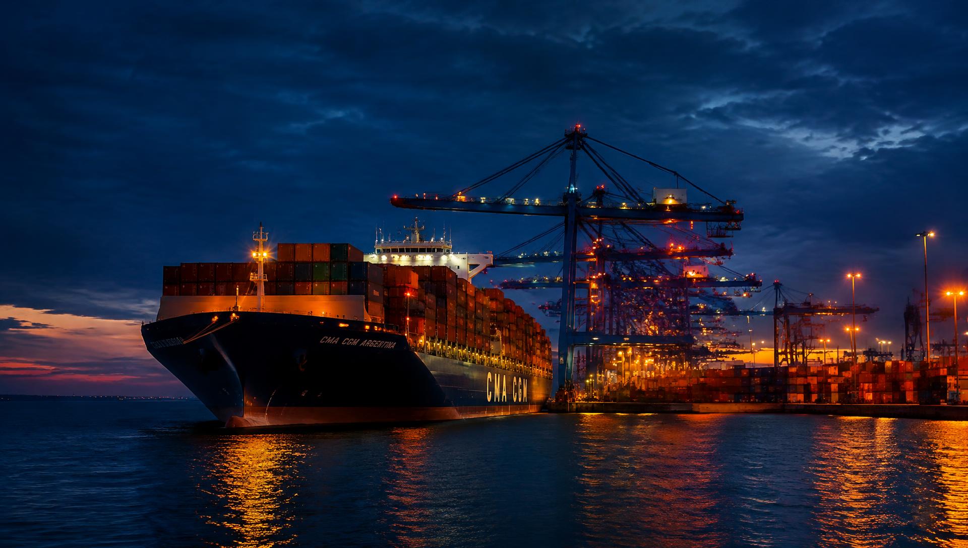 Container ship at port at dusk